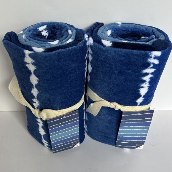 POTTERY BARN TEEN Set of 2 Tie Dye Stripe Beach Towels BLUE/NAVY NEW NWT PB TEEN - Picture 4 of 13